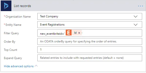 Microsoft Flow eventbrite event registration to dynamics step 5